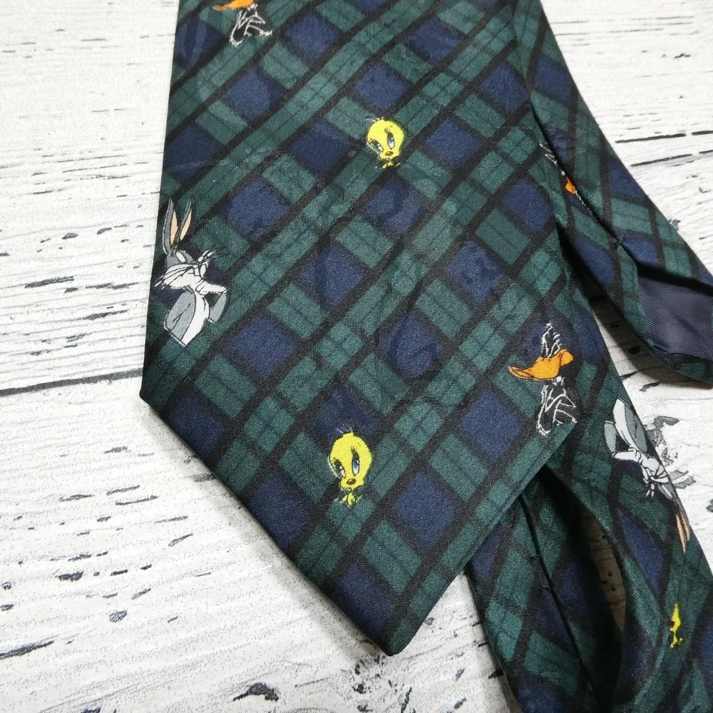 Vintage Looney Tunes Mania Tie Mens One Size Blue Tartan Novelty Cartoon 90s